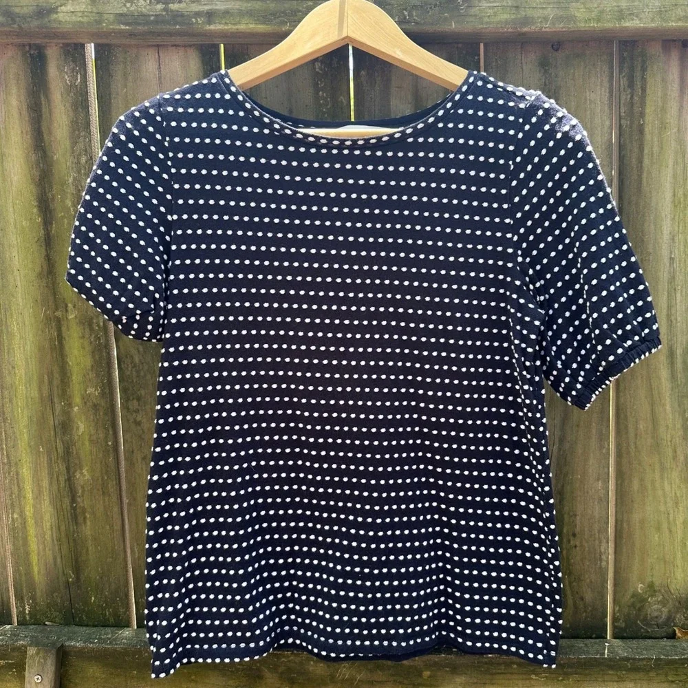 LOFT Navy Blue White Polka Dot‎ Textured Jacquard Short Sleeve Sz Small Nautical